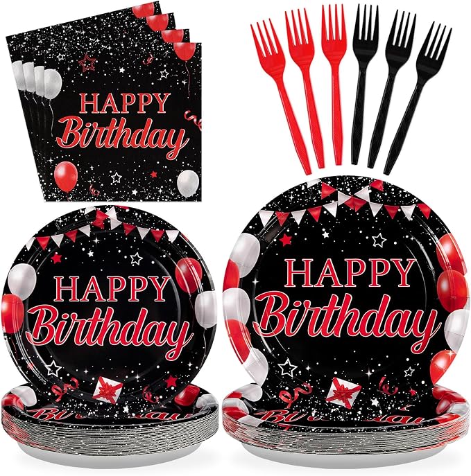 Grencian 96Pcs Red and Black Birthday Party Decorations Red and Black Plates and Napkins Disposable Happy Birthday Tableware Set for Men Women Birthday Party Supplies, Serves 24