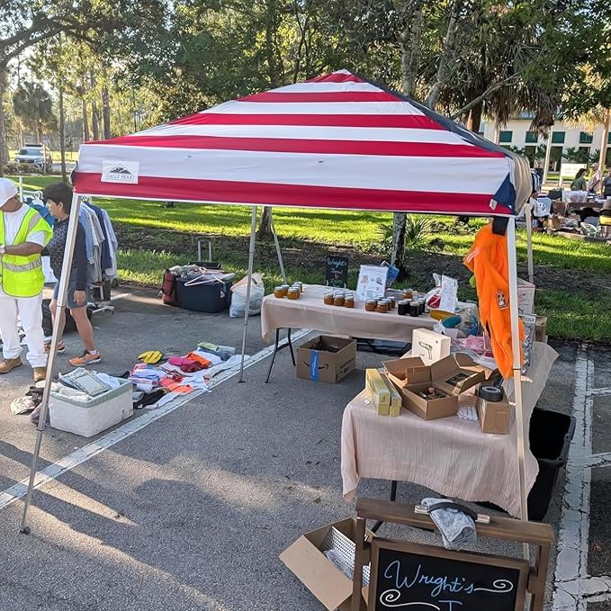 EAGLE PEAK Day Tripper 8x8 Aluminum Super-Lightweight Pop Up Canopy with 3 Removable Walls, Instant Outdoor Backpack Canopy Tent, Outside Beach Folding Sun Shelter, 8x8 Base 6x6 Top, American Flag