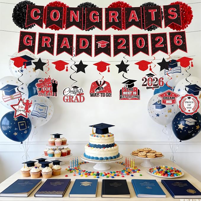 Rakuto Red and Black Graduation Decorations, Congrats Grad 2026 Banners with Hanging Swirs Party Decoration, Class of 2026 Graduation Paper Pom Poms Decor for College Grad Supplies
