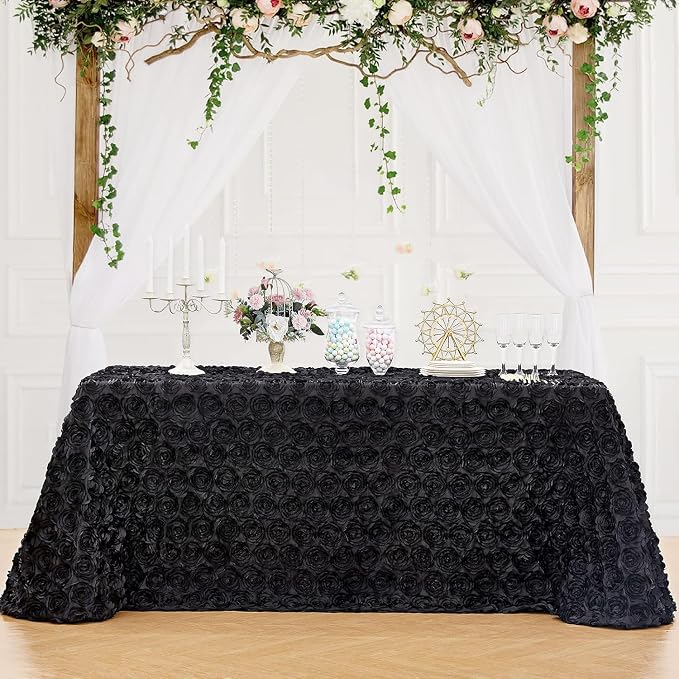 B-COOL Black Rosette Tablecloth 90x156 Inch Party Table Cloths 3D Floral Table Overlay for Brithday Holiday Party Decorations