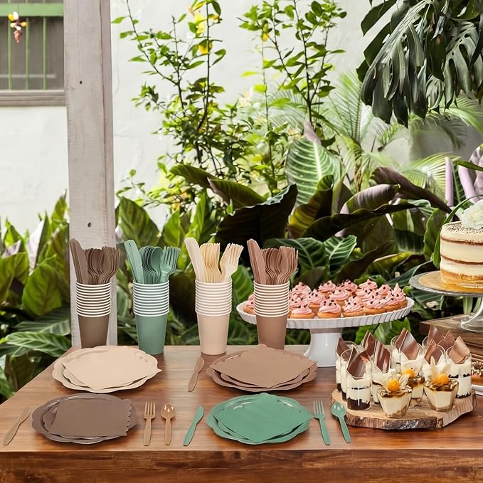 Qinyoung 388 Pcs Woodland Baby Shower Tableware Decorations Include Sage Green Brown Forest Scalloped Plate Paper Napkin Cup Plastic Cutlery for Safari Jungle Neutral Birthday Wedding, Serves 48