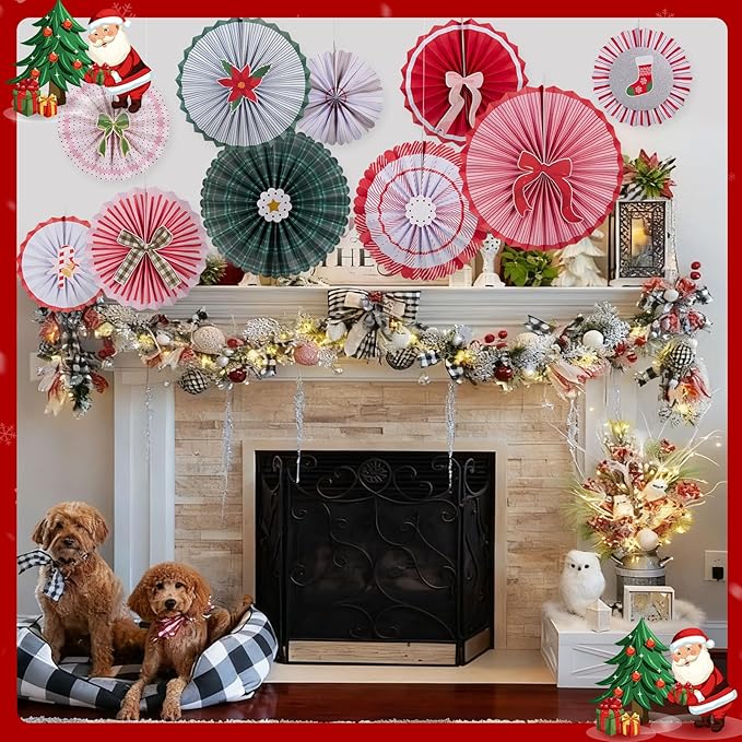 SUNBEAUTY Christmas Party Decorations Hanging Paper Fans Christmas Classroom Decorations Red Green White Paper Fans with Candy Bow for Xmas Holiday Ceilings Wall Decor Winter New Year Party Supplies