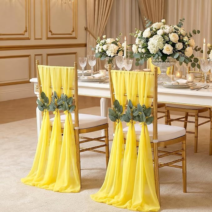 QueenDream Yellow Chair Sashes Wedding Aisle Decorations: 24 Packs 8ft Long Draping Fabric Sheer Church Chair Cover Bulk for Party Banquet