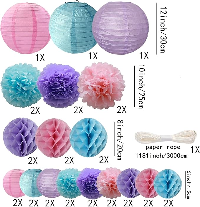 WOLHOWLTD Mermaid Theme Paper Decoration Set - 33 Pcs Paper Lanterns, Pompoms, Honeycomb Decorations for Mermaid Theme, Baby Shower,Wedding Rainbow Birthday Party Home Decoration(Pink Blue Purple)