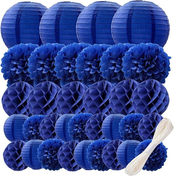 WOLHOWLTD Navy Blue Paper Decoration Set - 34 Pcs Paper Lanterns, Pompoms, Honeycomb for Wedding,Ocean Theme, EID Mubarak,School Day,Baby Shower, Birthday Party Classroom,Home Decoration (Navy Blue)