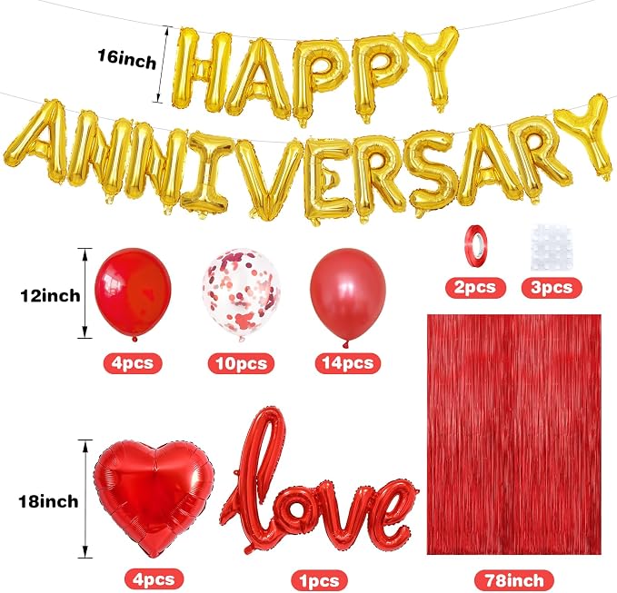 Anniversary Decorations Red,Happy Anniversary Balloon Banner with love and Heart Foil Balloons Fringe Curtain for Wedding Party Valentine's Day Romantic Night Surprise