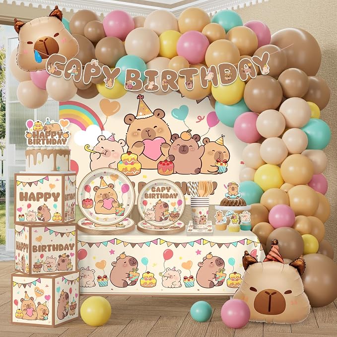 287 Pcs Capybara Birthday Decorations, Worry-Free One-Stop Set Serves 25 Guests, with Capybara Balloons Arch Kit, Backdrop, Thick Plates, and Cake Toppers, Easy Setup for Capybara Party Decorations