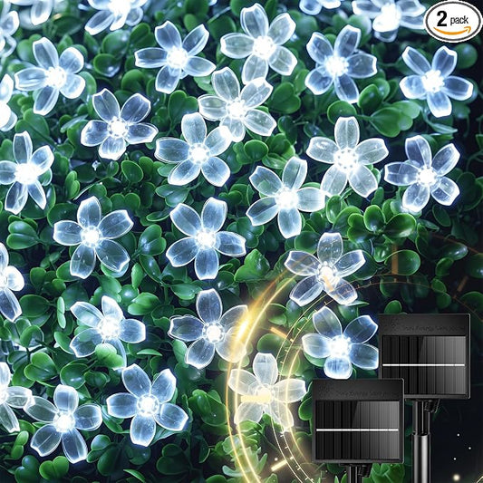 Brightown 60 LED Flower Solar String Lights Outdoor Waterproof, Fairy Lights for Garden Yard Fence Patio Christmas Tree Wedding Party Decor, White, 2 Pack