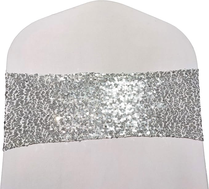 High Elastic Sequin Chair Sashes Bands for Wedding Party Decoration Soft Sashes, Shining Sequin Chair Bows for Party Decoration Home (50PCS, Silver1)