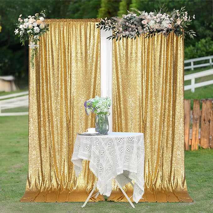PartyDelight Gold Sequin Backdrop 5x10ft 2 Panels 4 Inch Rod Pocket | Dense 3mm gold sequins on mesh backing with 4 inch rod pocket for wide reception walls head tables stages and layered event