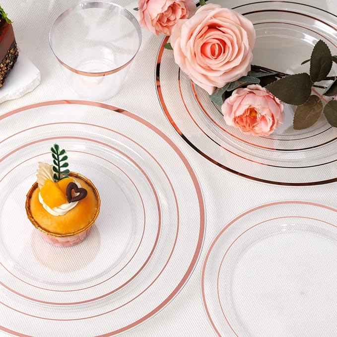 bUCLA 600PCS Clear Rose Gold Plastic Dinnerware Set Disposable - Include 100 Dinner Plates, 100 Dessert Plates, 100 Knives, 100 Forks, 100 Spoons, 100 Cups for Party, Wedding & Mother's Day