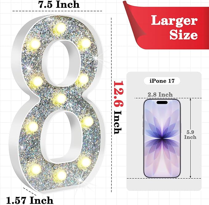 12.6 Inch LED Silver Marquee Light Up Numbers, 8th Birthday Decorations Number Lights as Gifts for Girls Boys, Glitter Lighted Marquee Numbers for Silver Anniversary Party Table Decor, 8