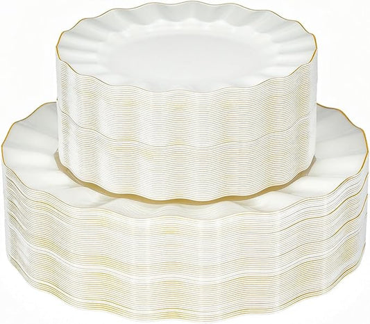 120PCS Ivory White Plastic Plates, Heavy Duty Disposable Party Plate with Gold Rim, Fancy 60 Dinner & 60 Dessert Plates for Parties and Wedding