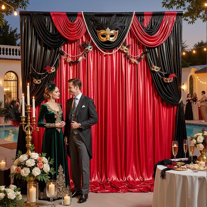20ft x 10ft Red Black Sequin Backdrop Curtain for Parties, Wrinkle Free Glitter Photo Backdrop Drapes 4 Panels 5x10ft Back Drop Cloth for Wedding Photography Background