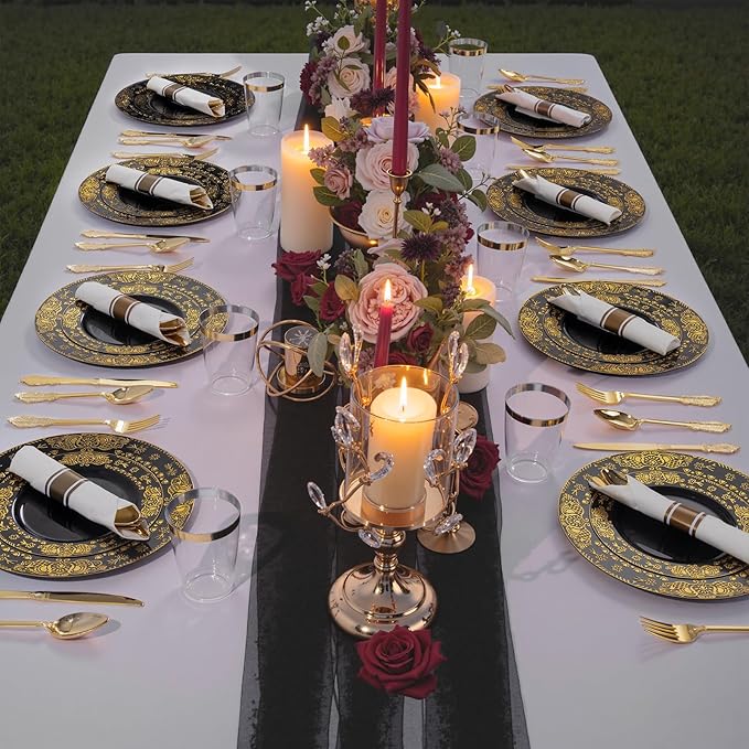 GATHER 350PCS Black and Gold Plastic Plates - Gold Disposable Dinnerware Set Include 50 Dinner Plates, 50 Dessert Plates, 150 Gold Plastic Silverware, 50 Napkins, 50 Cups for Wedding & Party