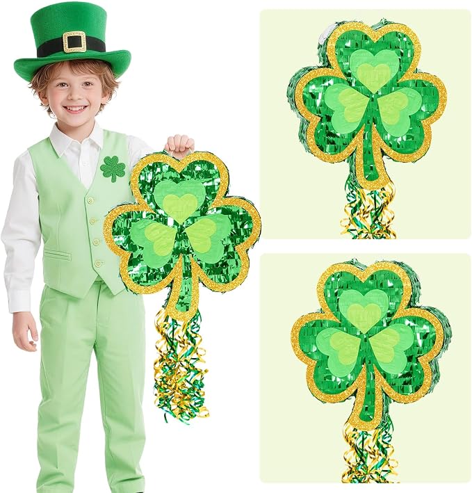 WERNNSAI Shamrock Piñata - Green Shamrock Decor Piñata with Bat & Blindfold, Party Game Supply with Shamrock Pattern (16" × 13.5" × 3")