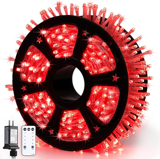 JMEXSUSS 600 LED Red Christmas Lights Outdoor, Red String Twinkle Fairy Lights Indoor Plug in, Valentines Day Lights Clear Wire for Tree Party Christmas Graduation Party Decorations