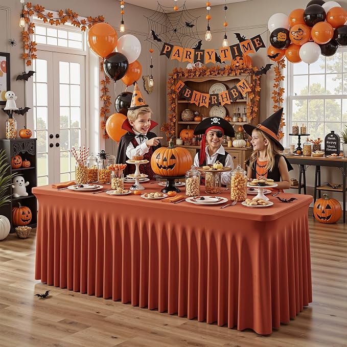 6 Packs Terracotta Spandex Tableclothes for 8 Foot Rectangle Tables, Wrinkle Free 8ft Fitted Table Cover Stretch Table Cloth Desk Skirt for Weddings Baby Shower Birthday Party Banquet Decorations
