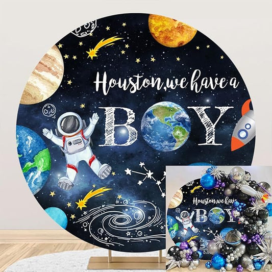 Polyester Diameter 6ft Houston We Have a Boy Round Backdrop Cartoon Astronaut Planet Galaxy Earth Rocket Photo Background Kids 1st Birthday Party Baby Shower Decor Portraits Photo Booth Props