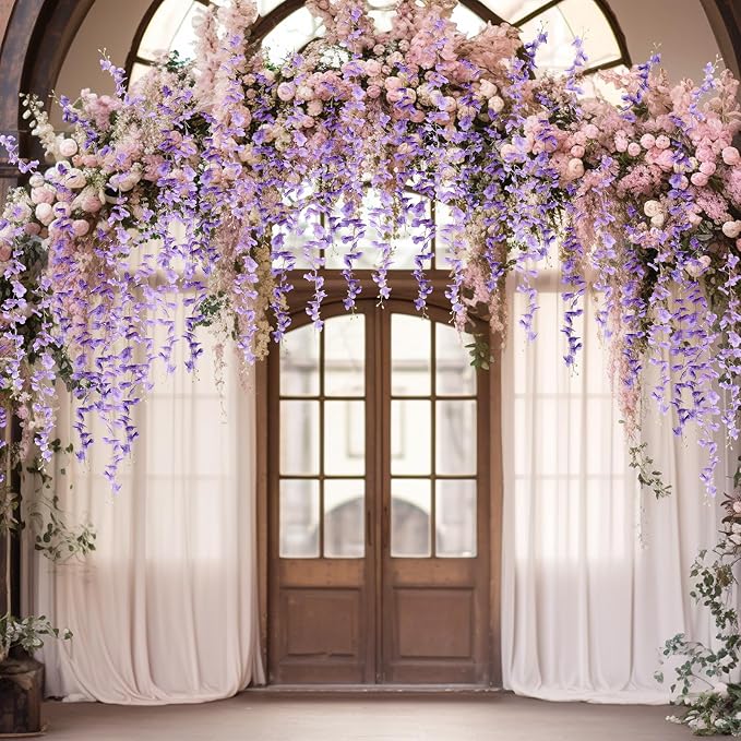 Thiccywoov 4pcs Wisteria Artificial Flowers Garland, 7.2Ft/Piece Wisteria Hanging Flowers Garland for Wedding Arch Decoration Outdoor Ceremony Home Backdrop Garden (Purple,Light Purple)