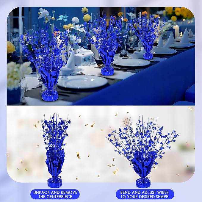 12 Pack Metallic Foil Spary Centerpieces for Tables, Blue Centerpieces for Tables Decorations, Star Brust Table Centerpieces for Birthday Graduation Wedding Baby Shower Party