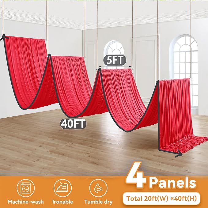 4 Panels 5x40ft Red Ceiling Drapes for Wedding Parties, Wrinkle Free Thick Polyester 40ft Extra Long Wedding Draping Red Ceiling Curtains Arch Drapery for Birthday Party Canopy Tent Decor