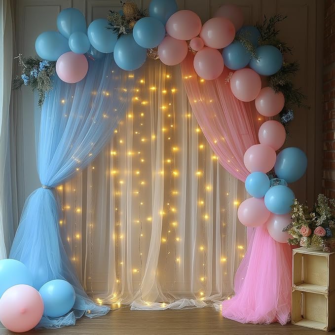 Pink and Blue Tulle Backdrop Curtain with Lights String - 10x10ft Sheer Wedding Backdrop for Baby Shower, Birthday Party, Photo Shoot Decorations - 2 Panels (5ft x 10ft Each)