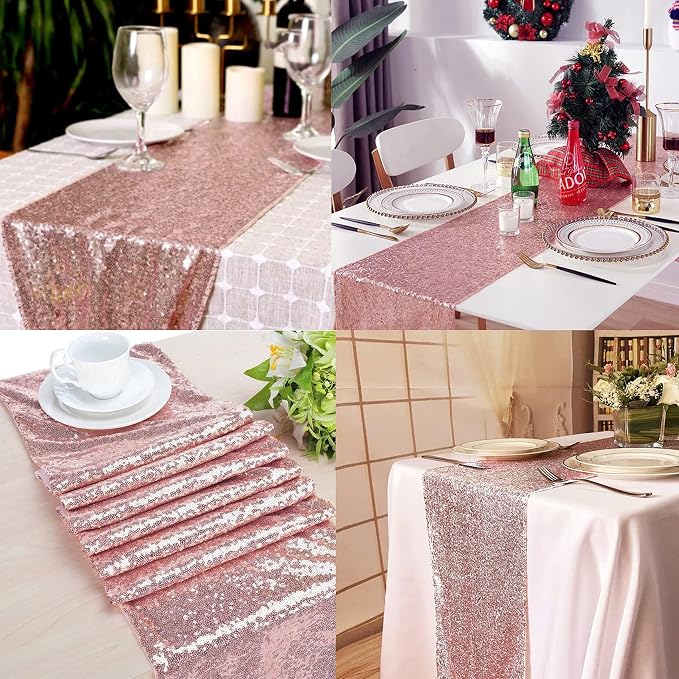 12 Packs 12 X 72 Inch Sequin Table Runner Glitter Dining Table Runner for Birthday Wedding Engagement Bridal Baby Shower Bachelorette Holiday Celebration Party Supplies Decorations (Rose Gold)