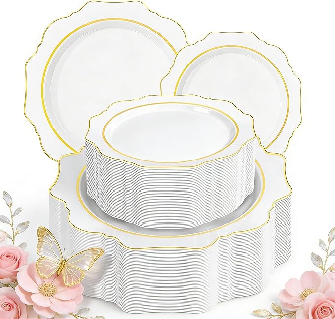 WDF 100PCS White and Gold Plastic Plates - Gold Disposable Plates - Include 50 Dinner & 50 Dessert Plate for Party - Heavy Duty Fancy Plastic Plate for Wedding/Bridal shower/Mother's Day