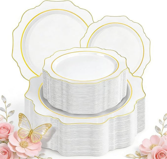WDF 100PCS White and Gold Plastic Plates - Gold Disposable Plates - Include 50 Dinner & 50 Dessert Plate for Party - Heavy Duty Fancy Plastic Plate for Wedding/Bridal shower/Mother's Day