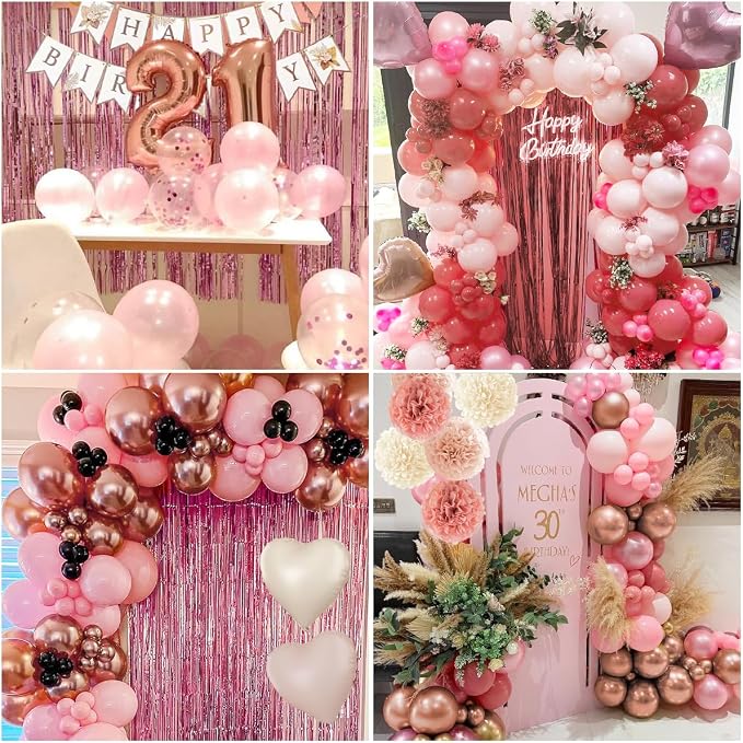 Birthday Decorations Set, Pink Party Decoration with Vintage Pink Balloons, Banner, Pom Poms, Fringe Curtain Background, Birthday Crown, Shoulder Strap for Girls Women Boho Party Supplies