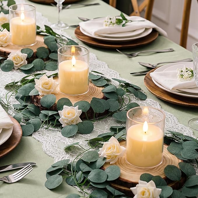 VIHOSE 60 Pcs Wooden Wedding Candle Centerpiece Includes 6.3"-7.1" Round Wood Slices, Eucalyptus Garlands, Flameless LED Candles and Artificial Roses for Wedding Country Farmhouse Table Decor, 12 Sets