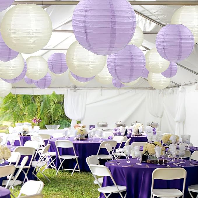 20Pcs Purple and Ivory Paper Lanterns 6"8"10" Inches Round Hanging Paper Lanterns Decorations for Wedding Graduation Birthday Party Bridal Shower