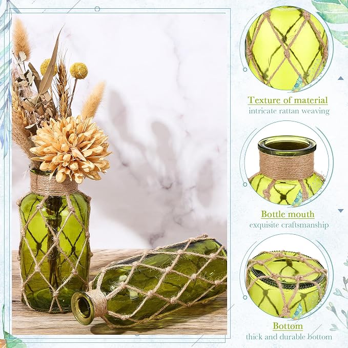 Chuangdi Set of 2 Coastal Glass Vases for Flowers TSITP Flower Vase with Boho Rope Small Sea Glass Jar Nautical Beach Bottle for Wedding Table Centerpieces Floral Arrangement Decor(Olive Green)