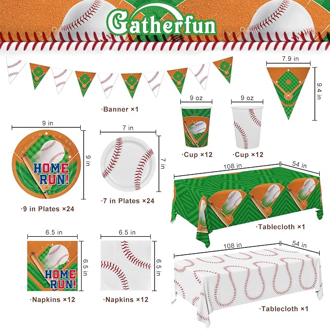 Baseball Party Supplies Kit for 24 - Complete with Dinner & Dessert Plates, Napkins, Cups, Banner & Tablecloth Baseball Birthday & Gameday Celebrations，Baseball Party Decorations & Favors