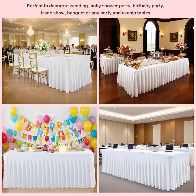 3 Pack White Spandex Table Cloths for 6 Foot Rectangle Tables, Wrinkle Free Fitted Table Covers 6 Ft Stretch Polyester Tablecloths with Skirt for Party Banquet Wedding Birthday Christmas