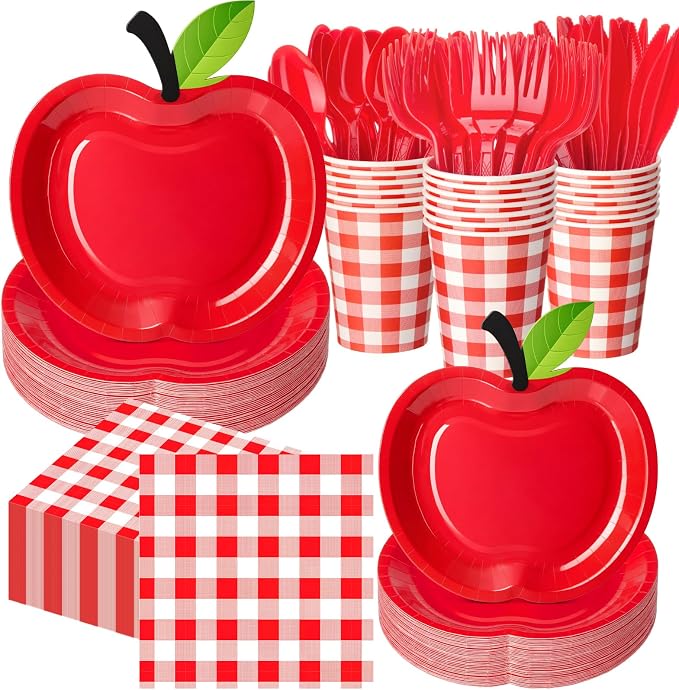 400 Pcs Back to School Party Supplies Serve 50, Apple Paper Plates Napkins Cups Apple Decoration Red Gingham Tableware Set for Last/First Day of School Party Supplies