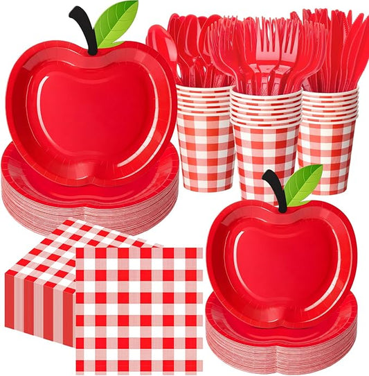 400 Pcs Preschool Kindergarten Graduation Party Decoration Serve 50, Apple Paper Plates Napkins Cups Apple Red Gingham Tableware Set for Teacher Appreciation Back to School Party Supplies