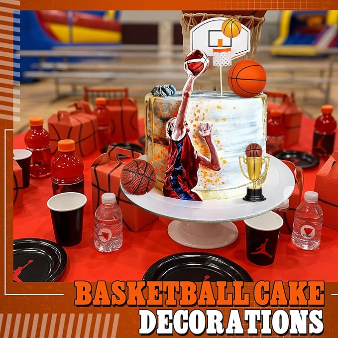 VioraWhite 8 Pcs Fun Basketball Cake Toppers Basketball Cake Decorations, 5 Balls of Different Sizes 2 Trophies and 1 Set Dunk the Ball Sign for Sport Theme Party Ceremony