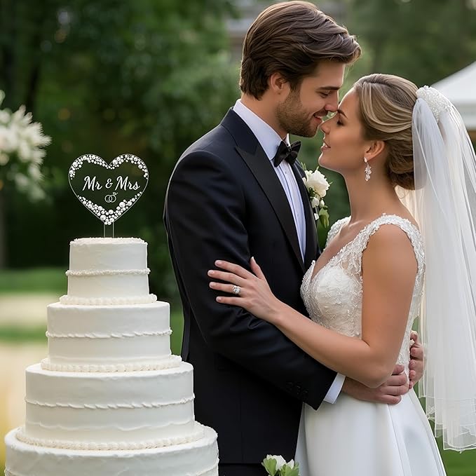 Coucoland Mr and Mrs Cake Topper - Heart Wedding Cake Decor with Rhinestones and Pearls for Engagement Bridal Anniversary