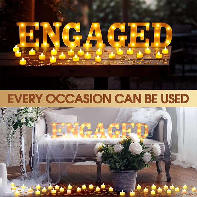 Engagement Party Decorations 7 Pcs 6.3" Engaged LED Light up Letter Sign 24 Realistic Flameless Tealights Gold I Do Confetti Proposal Table Decor for Engagement Wedding Bridal Shower Party