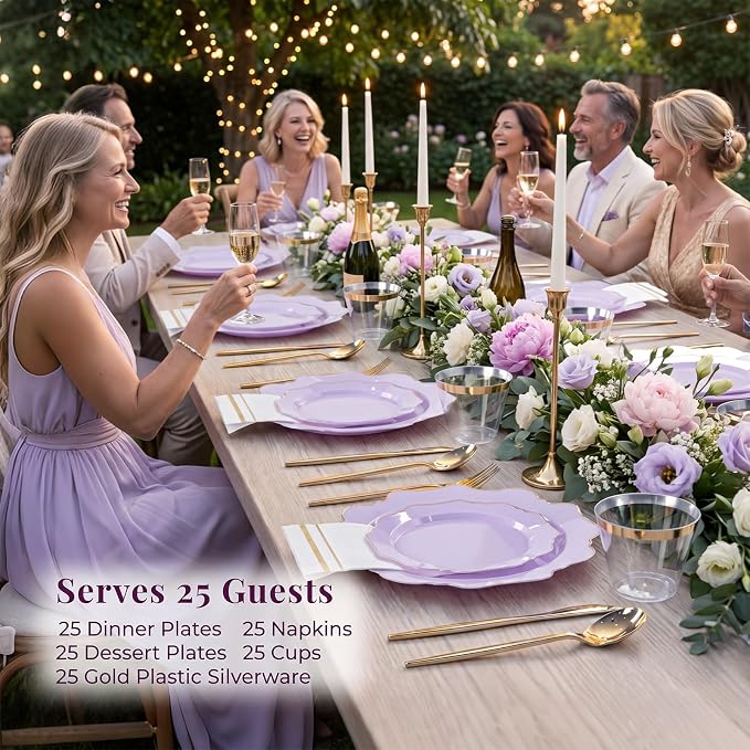 WDF 175Pcs Purple Plates Disposable - Lavender Plastic Plates 25guest Plastic Dinnerware Ideal for Birthday Party/Wedding/Spring/Picnic/First Communion