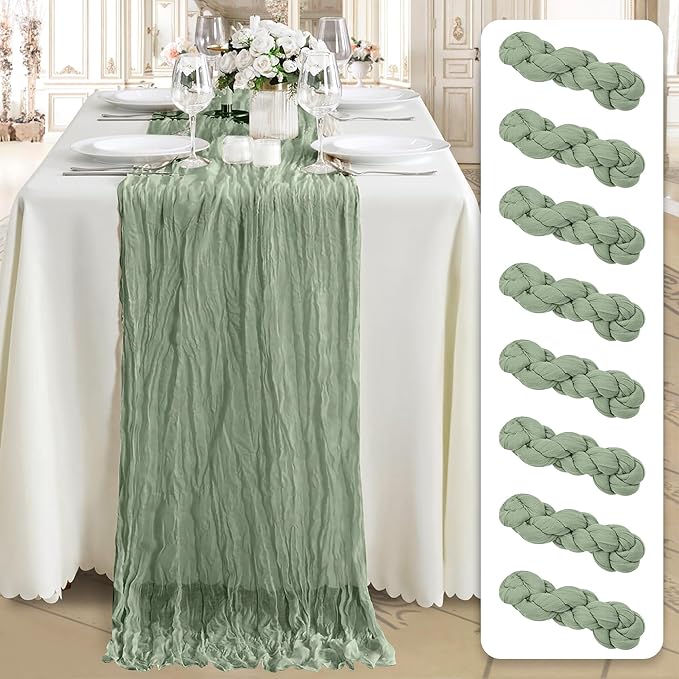 Cheesecloth Table Runner 8 Pack – 35x120 Inch (10ft) Boho Rustic Gauze Cloth Runners – Crinkle Polyester Table Decor for Wedding, Baby Shower, Bridal Shower, Birthday Party and More (Sage Green)