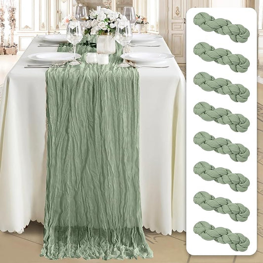Cheesecloth Table Runner 8 Pack – 35x120 Inch (10ft) Boho Rustic Gauze Cloth Runners – Crinkle Polyester Table Decor for Wedding, Baby Shower, Bridal Shower, Birthday Party and More (Sage Green)