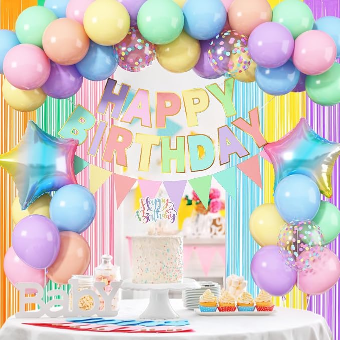 Jobkoo Pastel Birthday Decorations for Girls, Macaron Rainbow Pastel Color Balloons Reusable Happy Birthday Banner Sign Fringe Curtain Backdrop Cake Toppers for Kid Spring Baby Shower Party Decoration