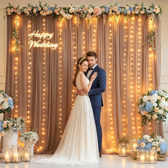 20 x 10ft Taupe Chiffon Backdrop Curtain with Lights String for Parties,4 Panels Sheer Tulle Curtain Wedding Backdrop for Baby Shower Birthday Party Ceremony Reception Home Decorations
