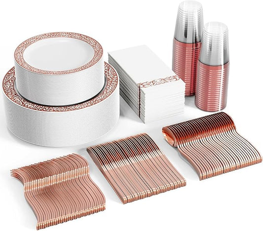 FOCUSLINE 350 Ct Rose Gold Dinnerware Set for 50 Guests, Rose Gold Lace Plastic Plates Disposable Heavy Duty, Including 50 Dinner & Dessert Plates, Cups, Napkins, Cutlery Set