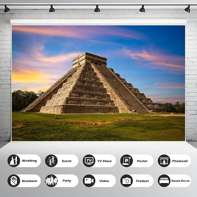 Pyramid Backdrop Sunset Sunrise Ancient Mayan Ruins Photography Background View Wonder of The World Mexico Culture Historical Building Backdrop Maya Travel Background Decorations Props 15x8ft