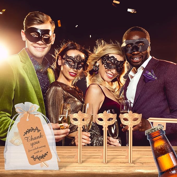 50 Pieces Mask Design Bottle Openers - Masquerade Party Favors and Decorations, Beautiful Centerpieces for Tables, Ideal Gifts for Guests with Thank You Tags and Gift Bags