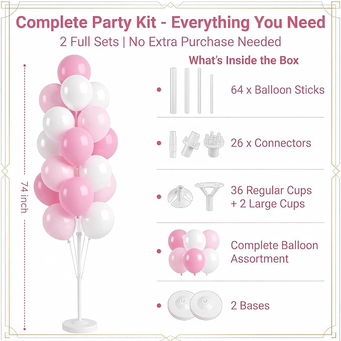 Balloon Column Kit Set of 2 With Baby Pink Chrome Balloons Included - with Base,Pole,Balloon Tower Backdrop Decoration for Wedding,Baby Shower, Birthday,Princess Party, or Bachelorette